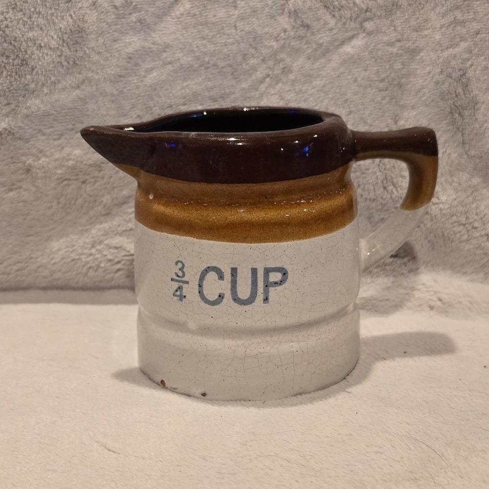 Vintage Stoneware 3/4 Cup Measuring Pitcher Creamer Brown Tan Cream Farmhouse